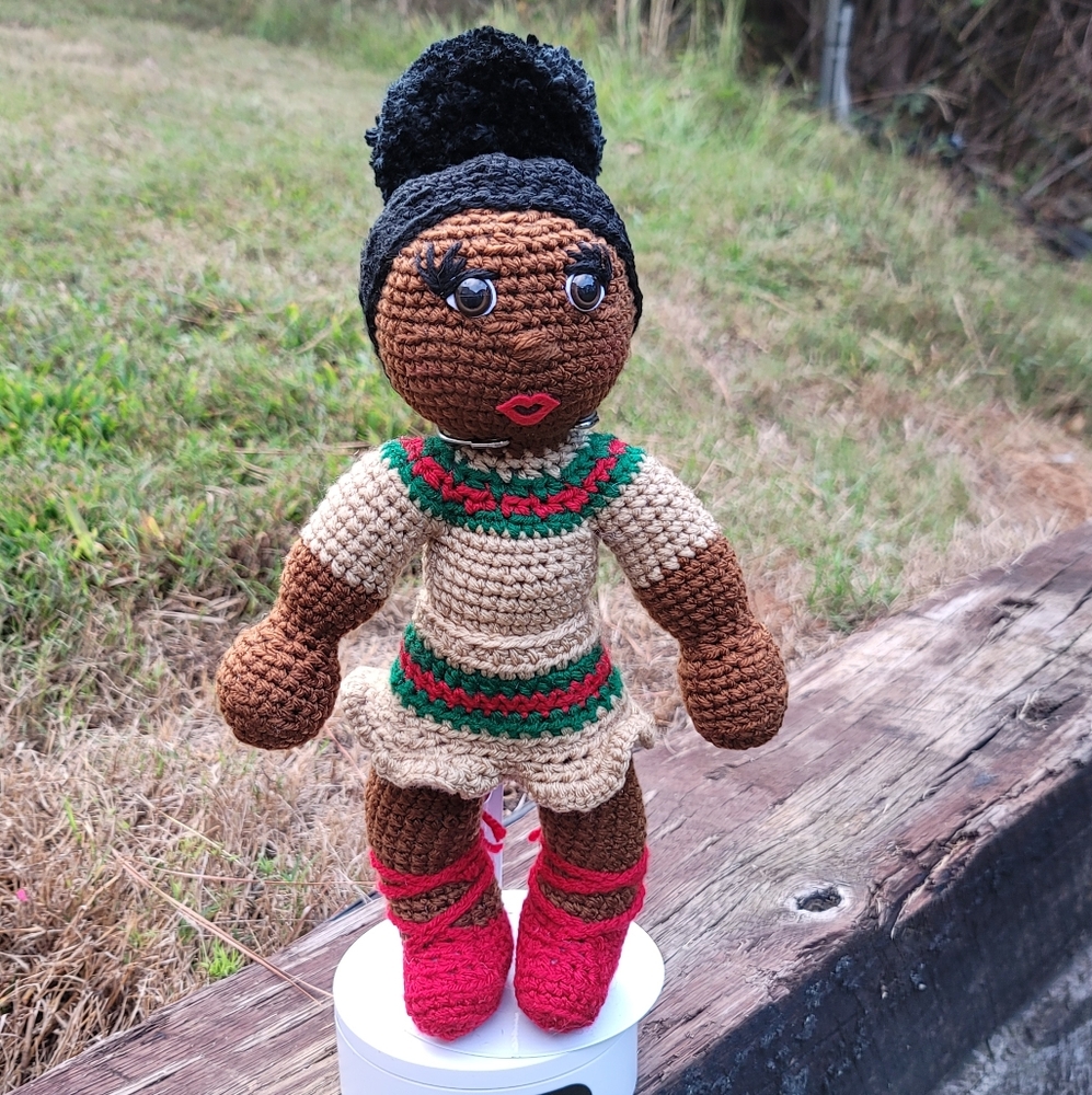 Handmade Crochet Doll with Red and Green Accents